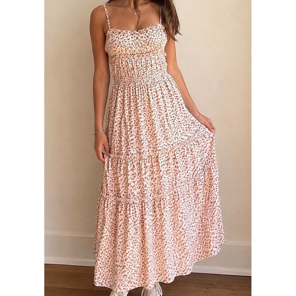 Angie Floral Tiered Midi Dress L Milkmaid Ruffle Smocked Cottagecore Prairie NEW